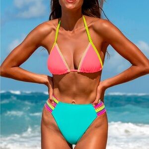 Popvil Color Block Clam Shell Mid Waist Bikini Set